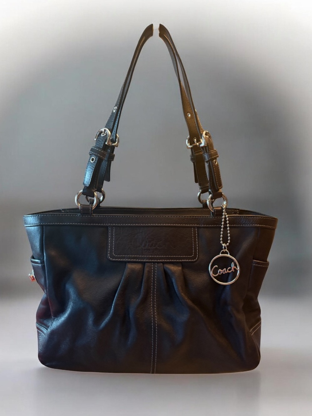 COACH F13759 Pleated Black Leather East West Gallery Handbag Tote Purse